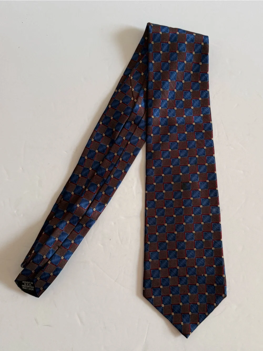 Silk Geometric Check Tie in Blue and Burgundy - Made in USA